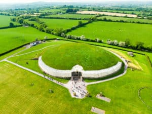 An aerial view of a New Grange mound in ireland.